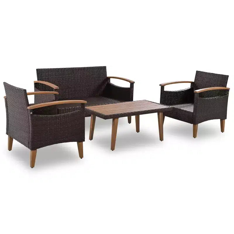 Ensemble de canapé de patio en osier résistant aux intempéries Whisen 4 pièces, canapé d'extérieur sectionnel en rotin PE avec table et pieds en bois, mobilier de jardin