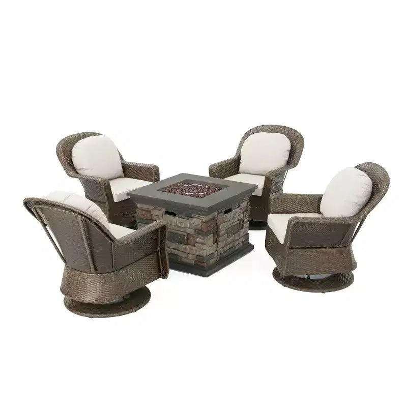 Christopher Knight Home Alhambra Outdoor Wicker 5 Piece Swivel Club Chair and Fire Pit Set