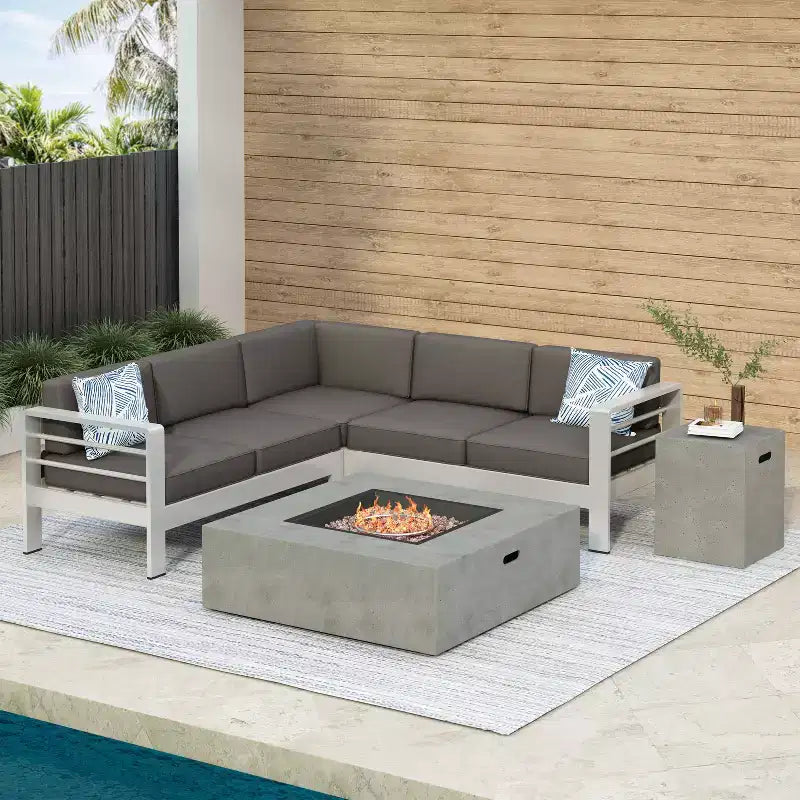 Canapé sectionnel d'extérieur en aluminium 5 pièces GDFStudio Crested Bay avec foyer de 50 000 BTU