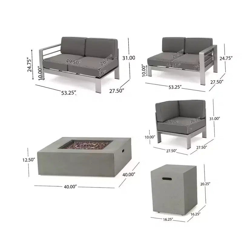Canapé sectionnel d'extérieur en aluminium 5 pièces GDFStudio Crested Bay avec foyer de 50 000 BTU