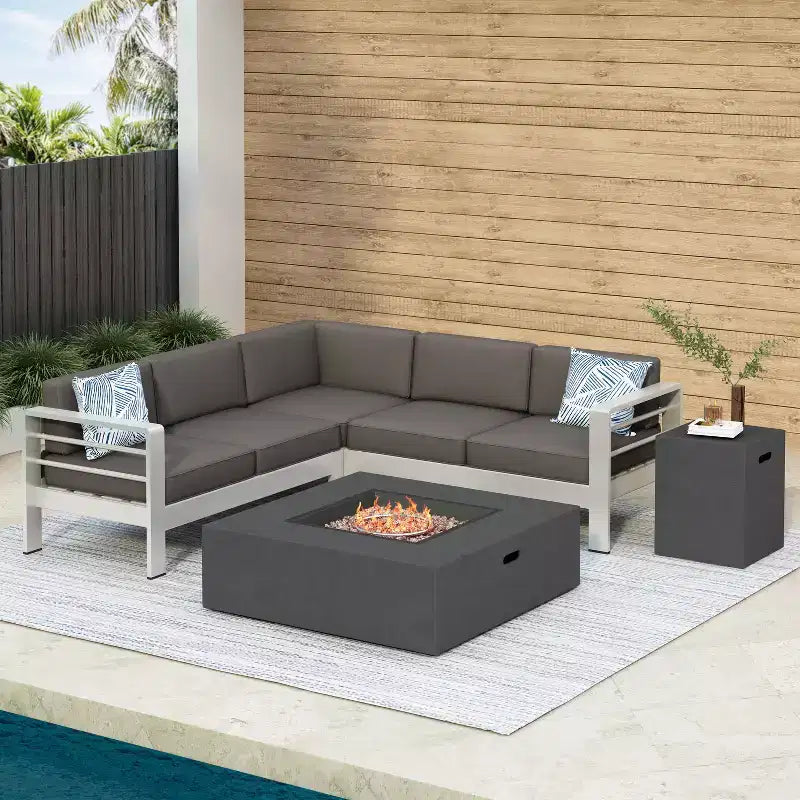 Canapé sectionnel d'extérieur en aluminium 5 pièces GDFStudio Crested Bay avec foyer de 50 000 BTU