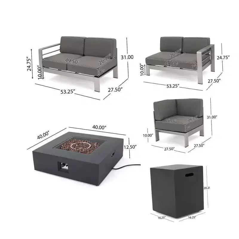 Canapé sectionnel d'extérieur en aluminium 5 pièces GDFStudio Crested Bay avec foyer de 50 000 BTU