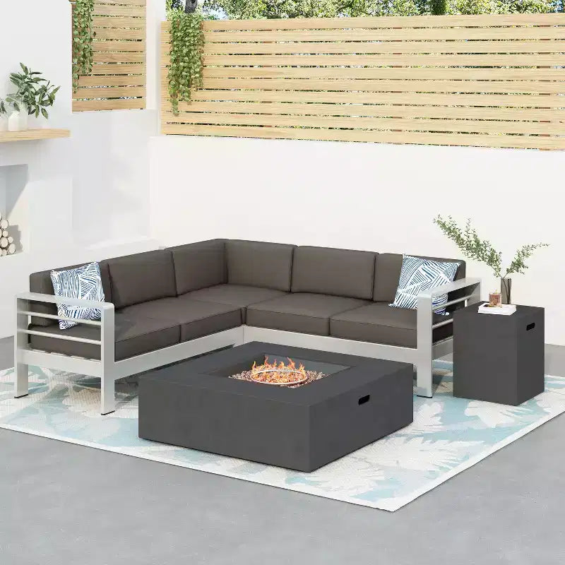 GDFStudio Crested Bay Outdoor Aluminum 5 Piece Sectional Sofa with 50,000 BTU Fire Pit