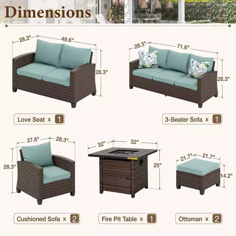 Ensemble de Patio Extérieur 7 Pièces en Rotin et Osier Captiva Designs avec Coussin, Foyer, Ottomans et Causeuse