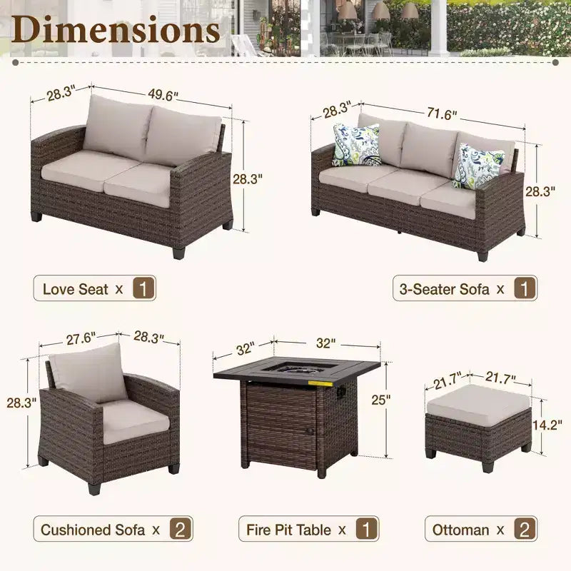 Ensemble de Patio Extérieur 7 Pièces en Rotin et Osier Captiva Designs avec Coussin, Foyer, Ottomans et Causeuse