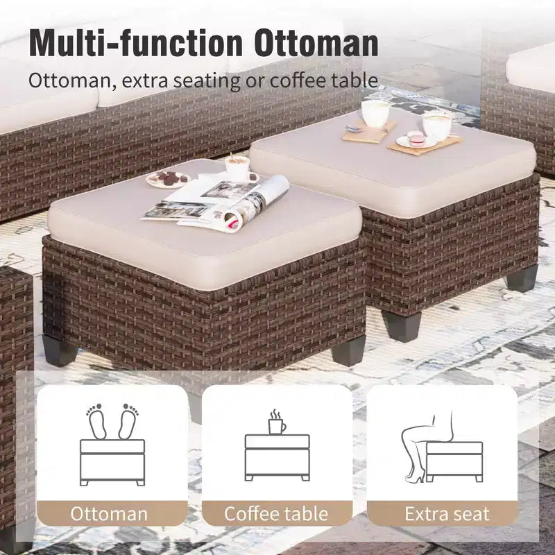 Ensemble de Patio Extérieur 7 Pièces en Rotin et Osier Captiva Designs avec Coussin, Foyer, Ottomans et Causeuse