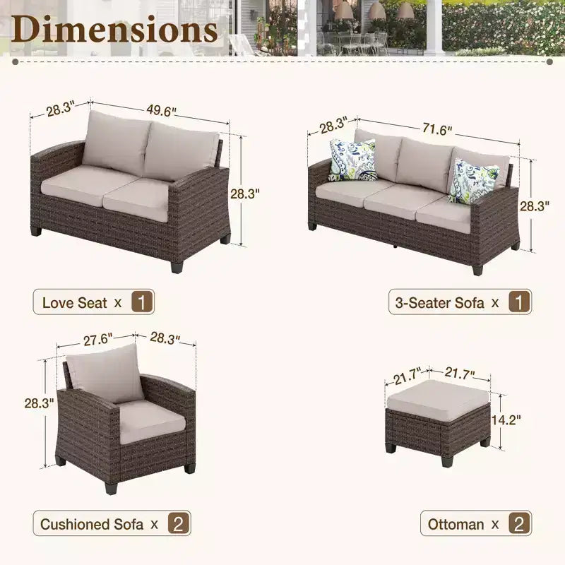 Captiva Designs Ensemble de conversation 6 pièces en osier pour terrasse extérieure avec causeuse coussinée pour jardin, piscine, arrière-cour