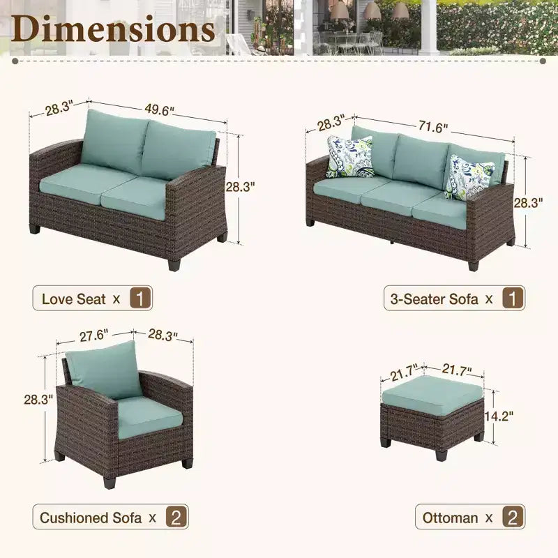 Captiva Designs Ensemble de conversation 6 pièces en osier pour terrasse extérieure avec causeuse coussinée pour jardin, piscine, arrière-cour