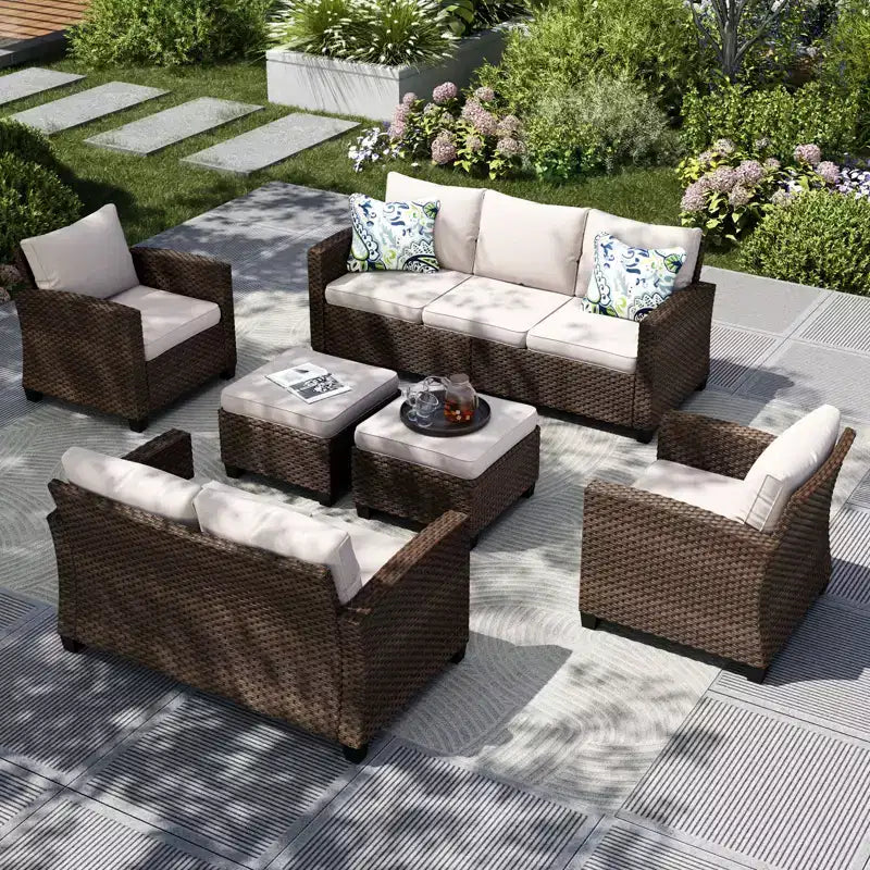 Captiva Designs 6pc Outdoor Patio Wicker Conversation Set with Cushioned Loveseat for Garden Poolside Backyard