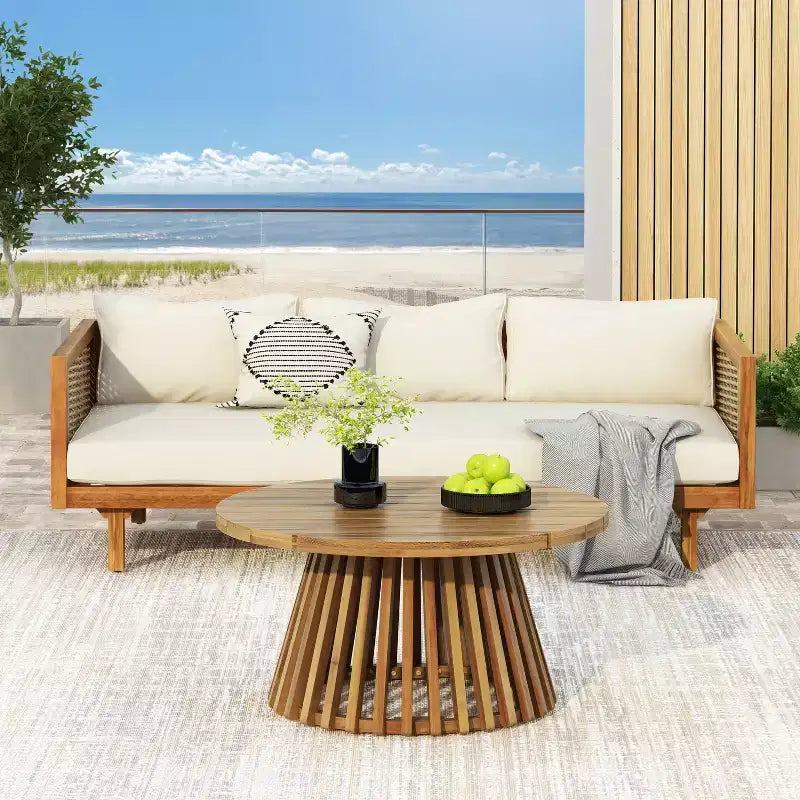 Christopher Knight Home Pascal Rustic Acacia Wood Upholstered 3 Seater Daybed with Coffee Table