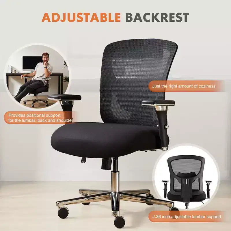 Chaise de bureau grande taille et robuste avec soutien lombaire, fauteuil d'ordinateur ergonomique en maille, capacité 227 kg, avec accoudoirs et assise large et confortable