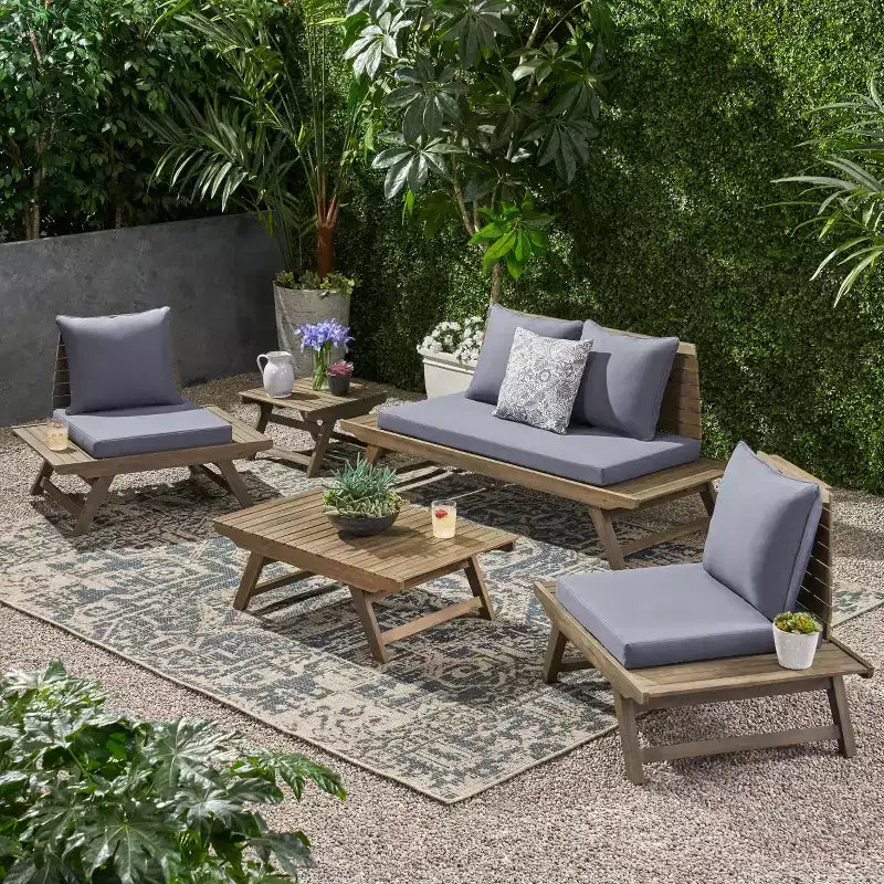 Christopher Knight Home Sedona Outdoor Acacia Wood 4 Seater Chat Set and Side Table with Cushions