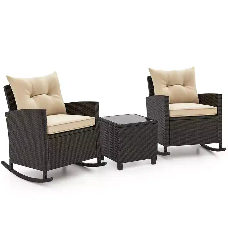 Costway Ensemble de 3 pièces de chaises à bascule en osier pour patio avec table en verre trempé et coussins moelleux Extérieur Beige/Bleu marine/Noir/Rouge