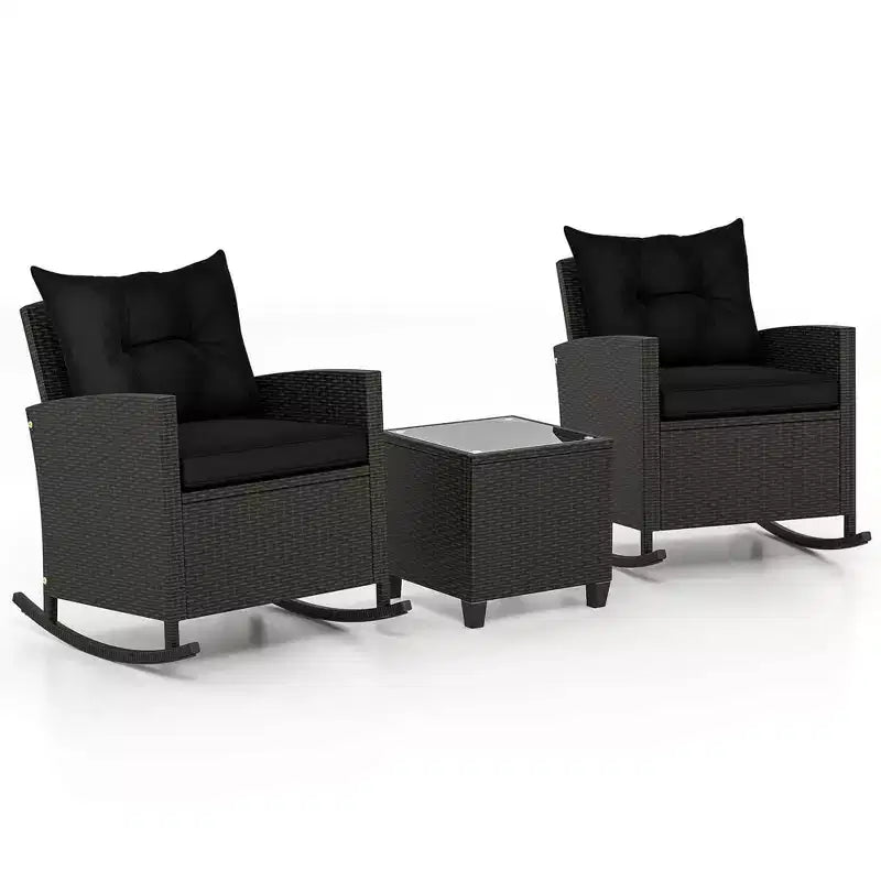 Costway Ensemble de 3 pièces de chaises à bascule en osier pour patio avec table en verre trempé et coussins moelleux Extérieur Beige/Bleu marine/Noir/Rouge