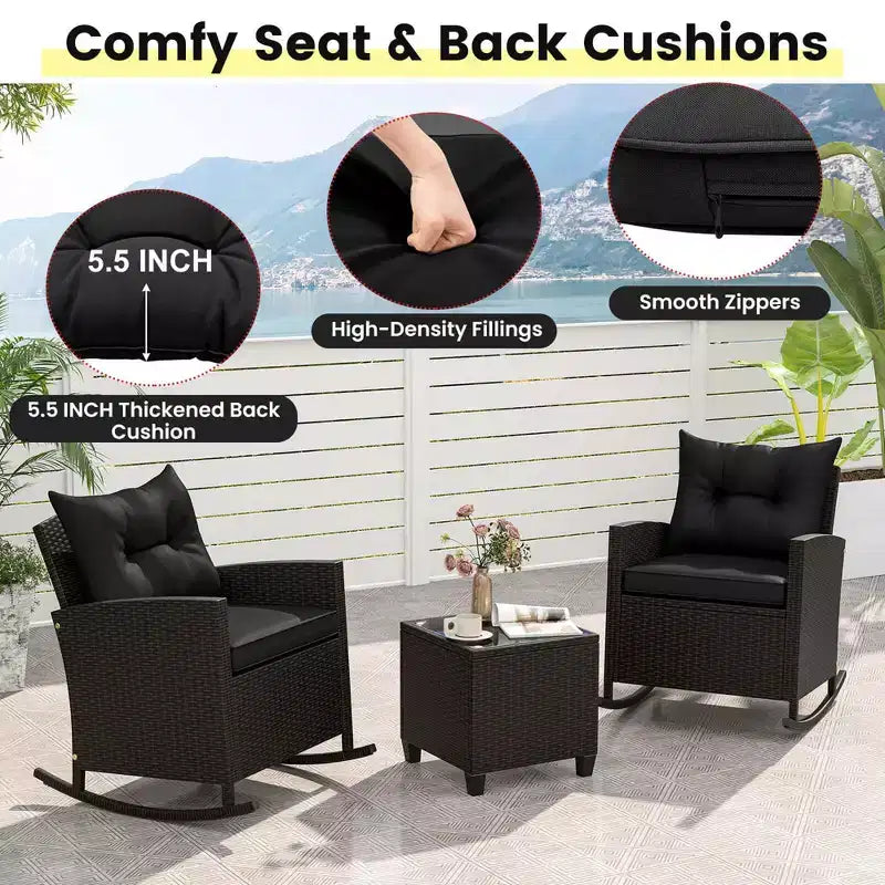 Costway Ensemble de 3 pièces de chaises à bascule en osier pour patio avec table en verre trempé et coussins moelleux Extérieur Beige/Bleu marine/Noir/Rouge