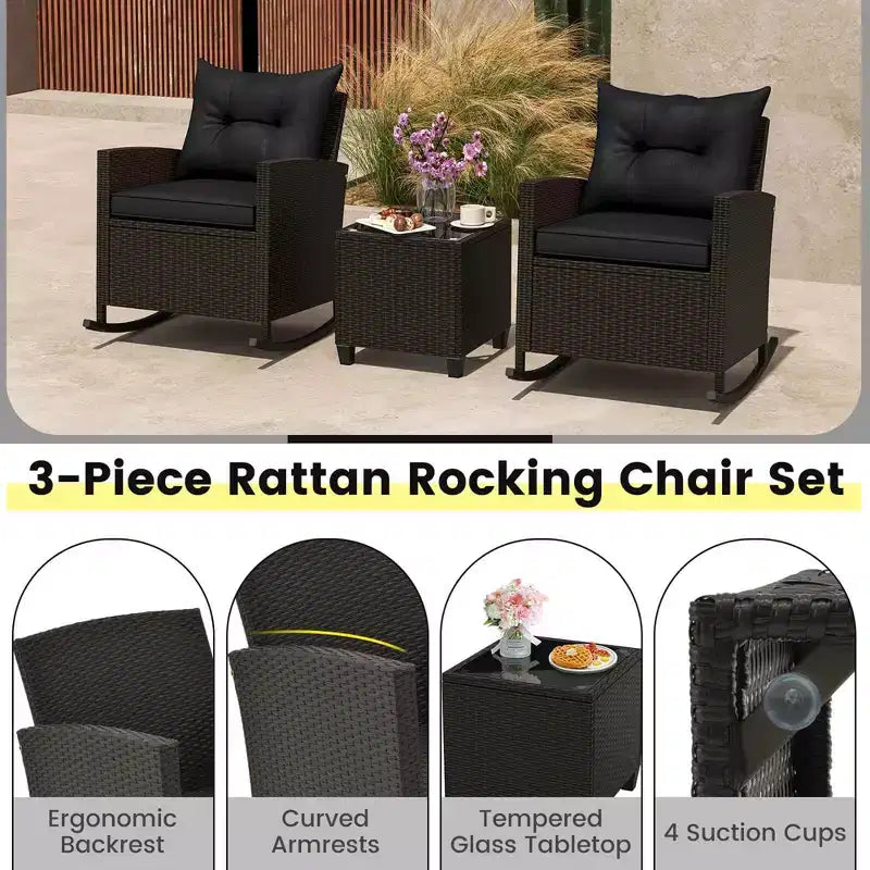 Costway Ensemble de 3 pièces de chaises à bascule en osier pour patio avec table en verre trempé et coussins moelleux Extérieur Beige/Bleu marine/Noir/Rouge