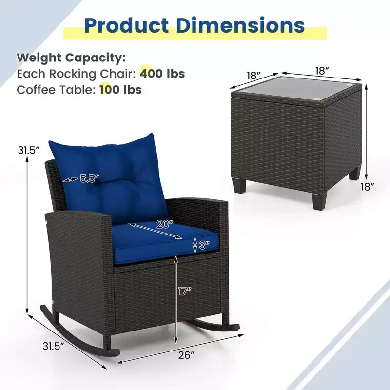 Costway Ensemble de 3 pièces de chaises à bascule en osier pour patio avec table en verre trempé et coussins moelleux Extérieur Beige/Bleu marine/Noir/Rouge