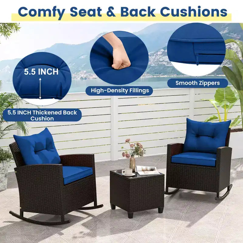 Costway Ensemble de 3 pièces de chaises à bascule en osier pour patio avec table en verre trempé et coussins moelleux Extérieur Beige/Bleu marine/Noir/Rouge
