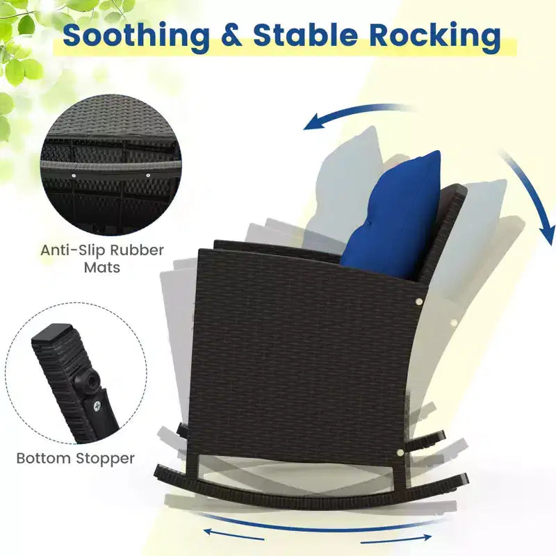 Costway Ensemble de 3 pièces de chaises à bascule en osier pour patio avec table en verre trempé et coussins moelleux Extérieur Beige/Bleu marine/Noir/Rouge