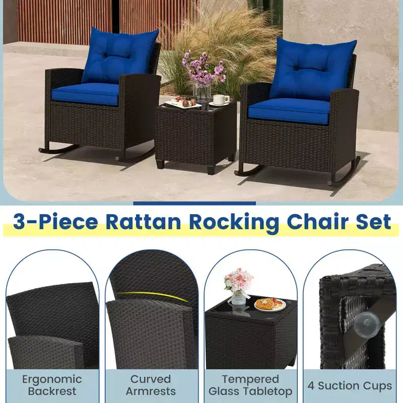 Costway Ensemble de 3 pièces de chaises à bascule en osier pour patio avec table en verre trempé et coussins moelleux Extérieur Beige/Bleu marine/Noir/Rouge