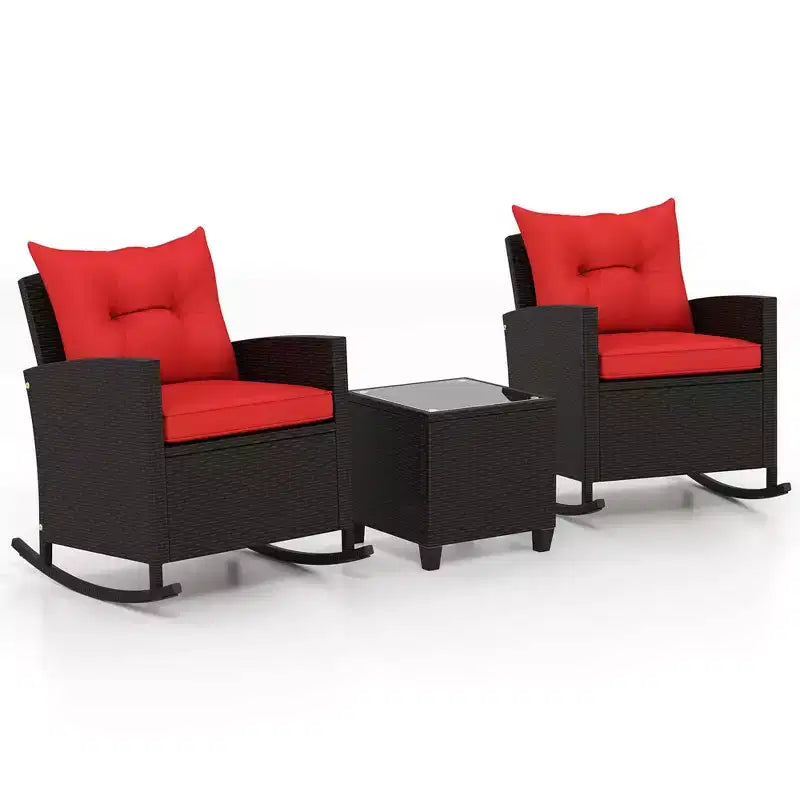 Costway Ensemble de 3 pièces de chaises à bascule en osier pour patio avec table en verre trempé et coussins moelleux Extérieur Beige/Bleu marine/Noir/Rouge