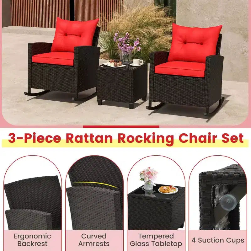 Costway Ensemble de 3 pièces de chaises à bascule en osier pour patio avec table en verre trempé et coussins moelleux Extérieur Beige/Bleu marine/Noir/Rouge