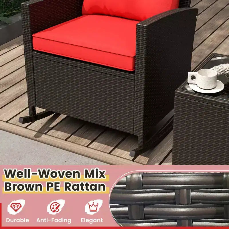 Costway Ensemble de 3 pièces de chaises à bascule en osier pour patio avec table en verre trempé et coussins moelleux Extérieur Beige/Bleu marine/Noir/Rouge
