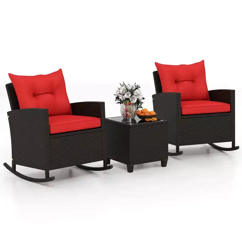 Costway Ensemble de 3 pièces de chaises à bascule en osier pour patio avec table en verre trempé et coussins moelleux Extérieur Beige/Bleu marine/Noir/Rouge