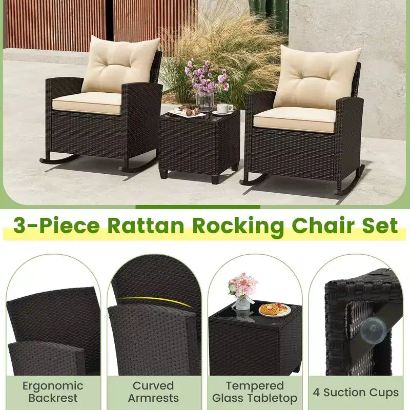 Costway Ensemble de 3 pièces de chaises à bascule en osier pour patio avec table en verre trempé et coussins moelleux Extérieur Beige/Bleu marine/Noir/Rouge