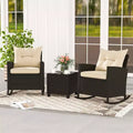 Costway 3 PCS Patio Wicker Rocking Set with Tempered Glass Table & Soft Cushions Outdoor Beige/Navy/Black/Red