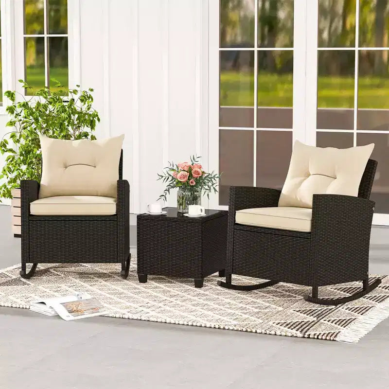 Costway 3 PCS Patio Wicker Rocking Set with Tempered Glass Table & Soft Cushions Outdoor Beige/Navy/Black/Red