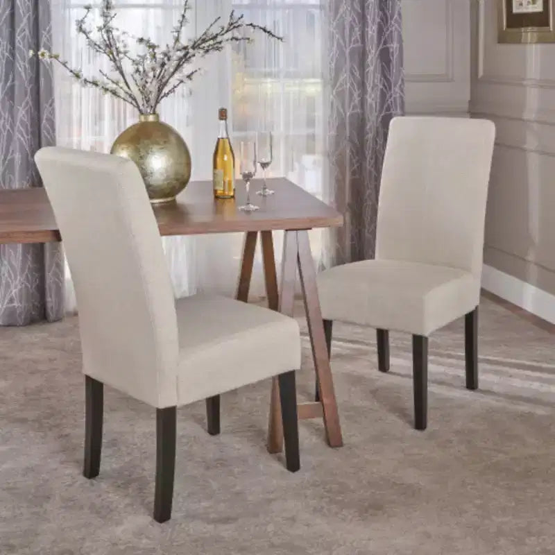 Elegant Beige Fabric Upholstered Dining Room Chairs - Matching Pair Set
