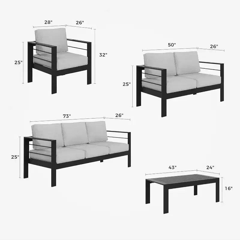Ensemble de meubles de patio en aluminium Heynemo, 5 pièces, ensemble de conversation moderne d'extérieur avec coussin et table basse