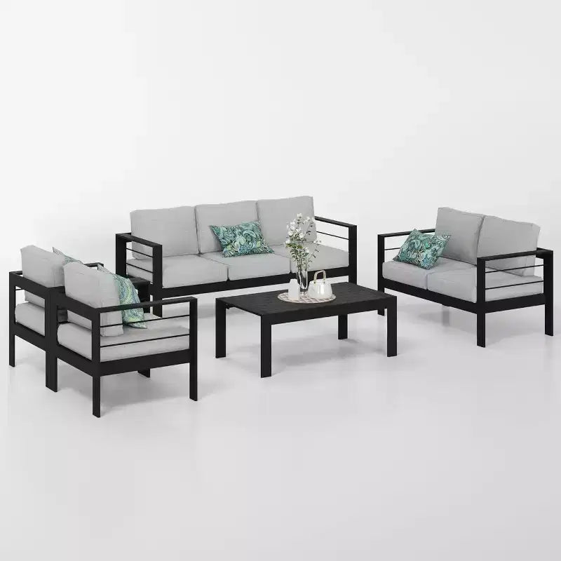 Ensemble de meubles de patio en aluminium Heynemo, 5 pièces, ensemble de conversation moderne d'extérieur avec coussin et table basse