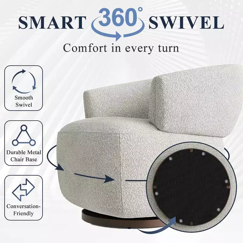 Heynemo Swivel Barrel Chair, Fully Assembled Accent Lounge Sofa with 360-Degree Base, Round Club Chair for Living Room, Bedroom, Office, Ivory