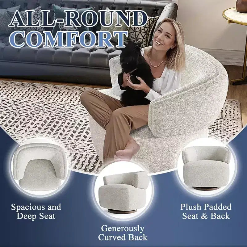 Heynemo Swivel Barrel Chair, Fully Assembled Accent Lounge Sofa with 360-Degree Base, Round Club Chair for Living Room, Bedroom, Office, Ivory