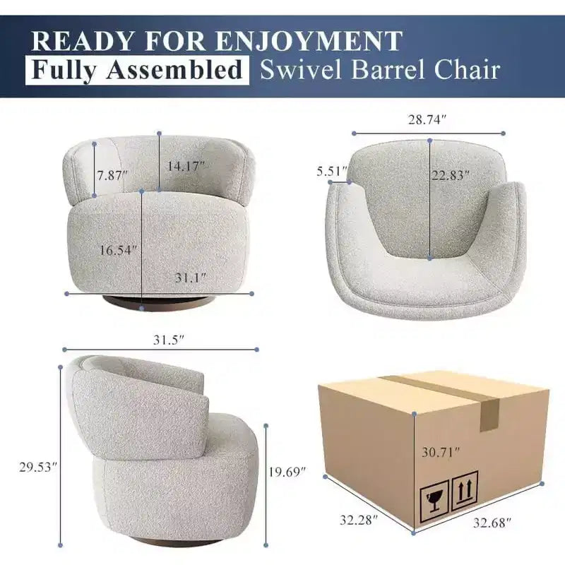 Heynemo Swivel Barrel Chair, Fully Assembled Accent Lounge Sofa with 360-Degree Base, Round Club Chair for Living Room, Bedroom, Office, Ivory