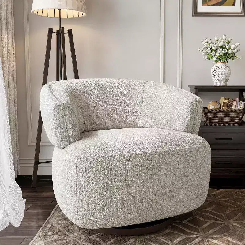 Heynemo Swivel Barrel Chair, Fully Assembled Accent Lounge Sofa with 360-Degree Base, Round Club Chair for Living Room, Bedroom, Office, Ivory