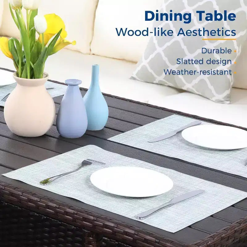 Ensemble de mobilier de jardin 7 pièces Heynemo avec table à manger et chaises, ensemble de conversation en osier tout temps avec pouf, mobilier d'extérieur à dossier haut incurvé