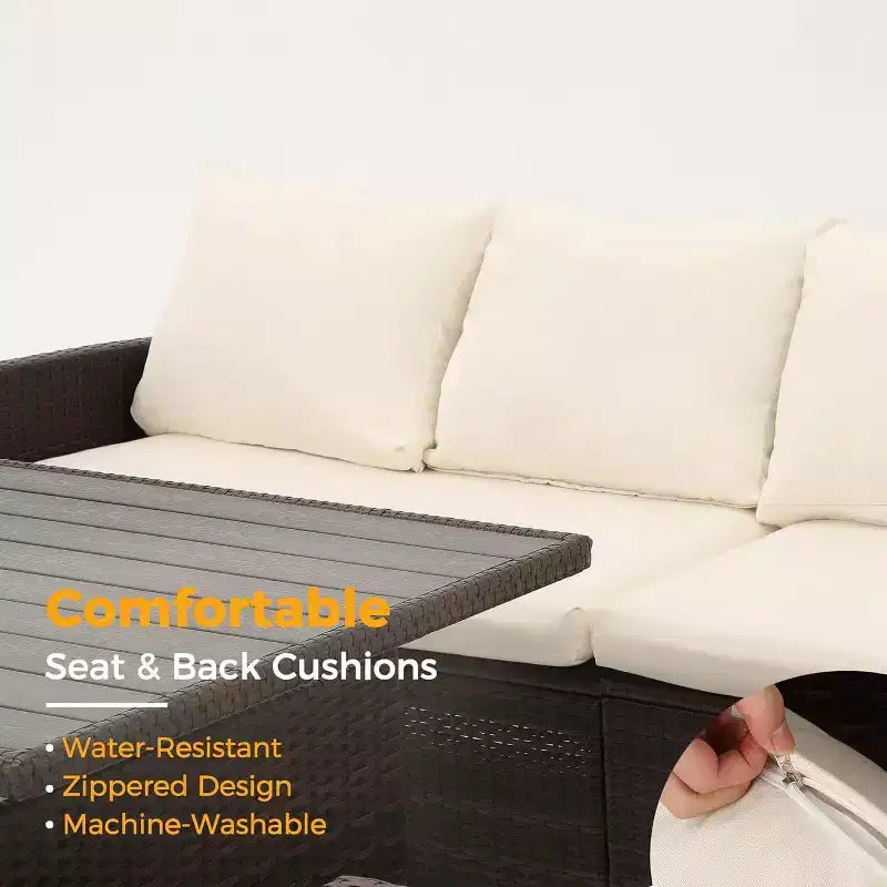 Ensemble de mobilier de jardin 7 pièces Heynemo avec table à manger et chaises, ensemble de conversation en osier tout temps avec pouf, mobilier d'extérieur à dossier haut incurvé
