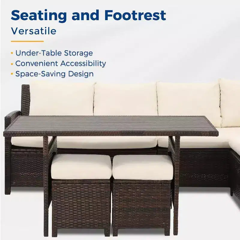 Ensemble de mobilier de jardin 7 pièces Heynemo avec table à manger et chaises, ensemble de conversation en osier tout temps avec pouf, mobilier d'extérieur à dossier haut incurvé