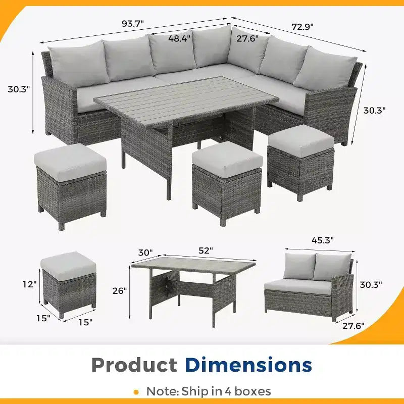 Ensemble de mobilier de jardin 7 pièces Heynemo avec table à manger et chaises, ensemble de conversation en osier tout temps avec pouf, mobilier d'extérieur à dossier haut incurvé