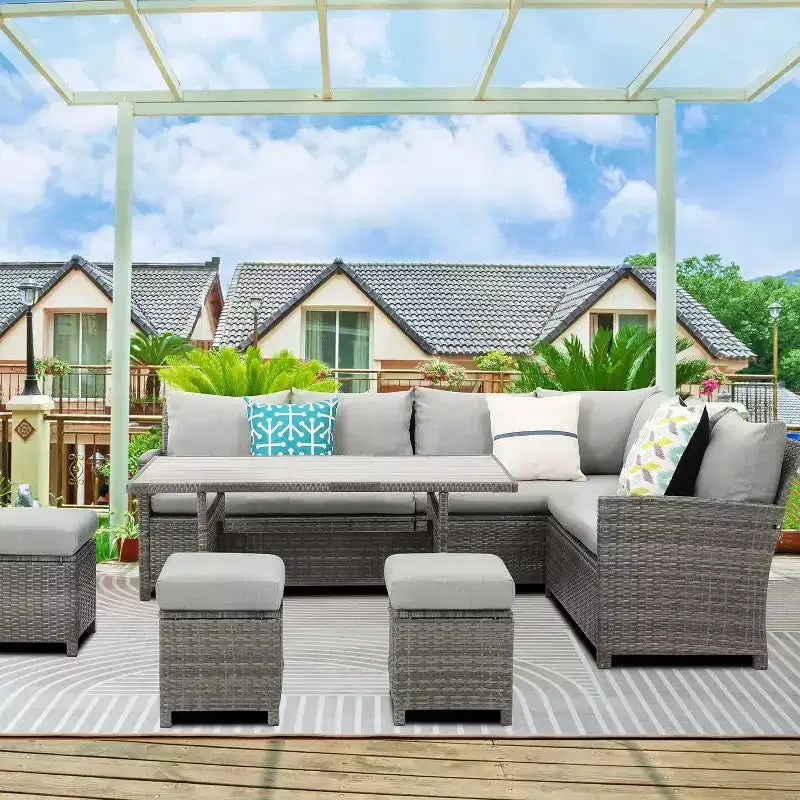 Ensemble de mobilier de jardin 7 pièces Heynemo avec table à manger et chaises, ensemble de conversation en osier tout temps avec pouf, mobilier d'extérieur à dossier haut incurvé