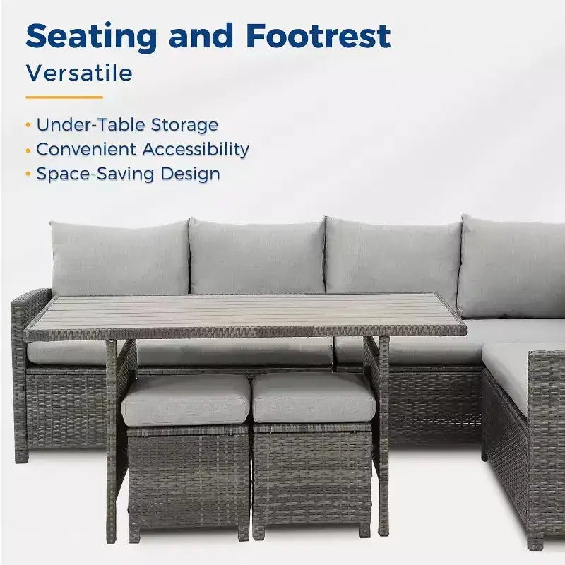 Ensemble de mobilier de jardin 7 pièces Heynemo avec table à manger et chaises, ensemble de conversation en osier tout temps avec pouf, mobilier d'extérieur à dossier haut incurvé