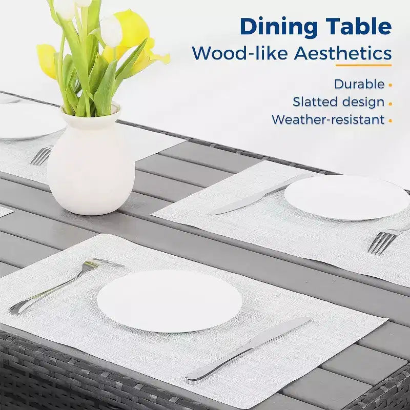 Ensemble de mobilier de jardin 7 pièces Heynemo avec table à manger et chaises, ensemble de conversation en osier tout temps avec pouf, mobilier d'extérieur à dossier haut incurvé