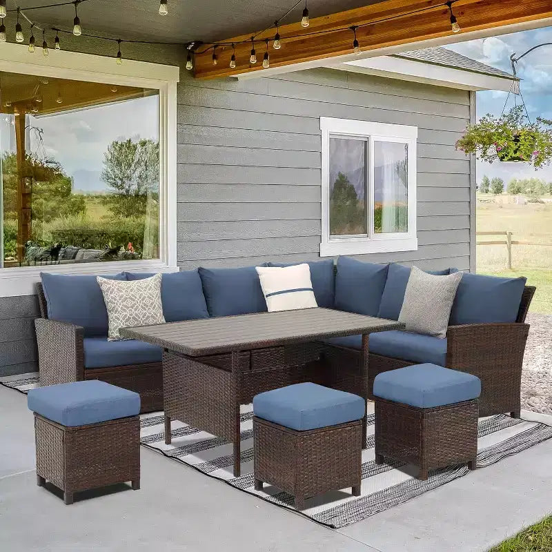 Ensemble de mobilier de jardin 7 pièces Heynemo avec table à manger et chaises, ensemble de conversation en osier tout temps avec pouf, mobilier d'extérieur à dossier haut incurvé