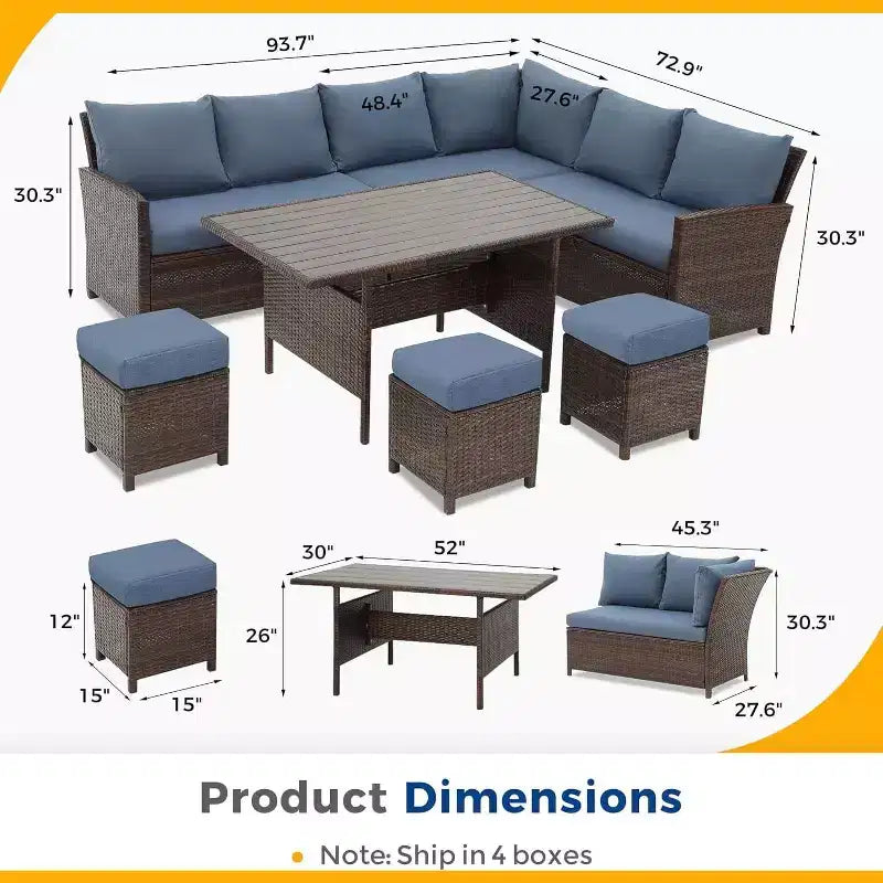 Ensemble de mobilier de jardin 7 pièces Heynemo avec table à manger et chaises, ensemble de conversation en osier tout temps avec pouf, mobilier d'extérieur à dossier haut incurvé