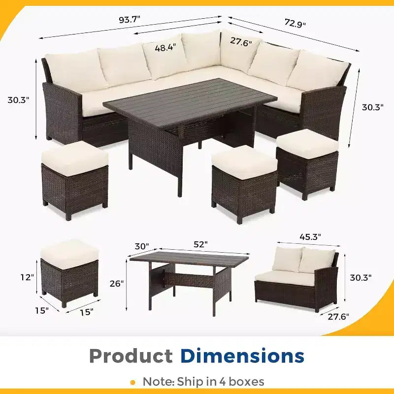 Ensemble de mobilier de jardin 7 pièces Heynemo avec table à manger et chaises, ensemble de conversation en osier tout temps avec pouf, mobilier d'extérieur à dossier haut incurvé
