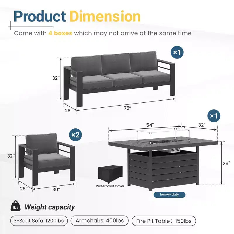Ensemble de mobilier de jardin en aluminium Heynemo avec table brasero, mobilier d'extérieur en métal 4 pièces avec coussins pour jardin