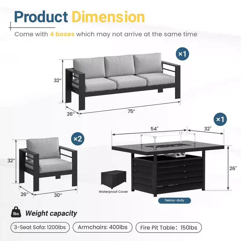 Ensemble de mobilier de jardin en aluminium Heynemo avec table brasero, mobilier d'extérieur en métal 4 pièces avec coussins pour jardin